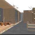 Traditional Teahouse Interior With Wooden Furniture Hanging Lanterns And Natural Decor
