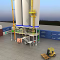 Industrial Equipment With Large Storage Silos Yellow Ladders Platforms Containers And Forklift At Industrial Yard
