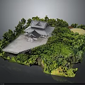 Traditional Japanese Building With Pagoda Roof Surrounded By Lush Greenery In Miniature Garden Model