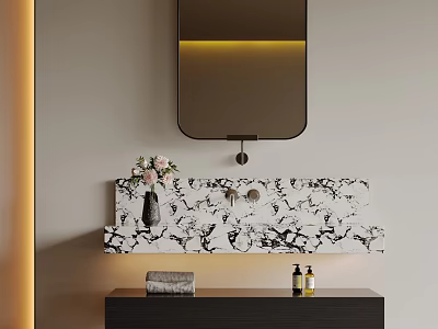Modern Bathroom Vanity with Marble Floral Countertop Black Framed Mirror Warm Lighting and Pink Flowers 3d model