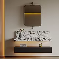 Modern Bathroom Vanity with Marble Floral Countertop Black Framed Mirror Warm Lighting and Pink Flowers