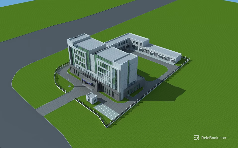 Modern Multi Story Building With Glass Windows Green Lawn And Road Surroundings 3d model 