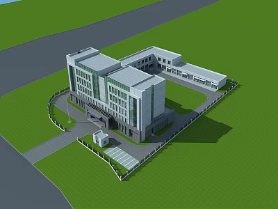 Modern Multi Story Building With Glass Windows Green Lawn And Road Surroundings 3d model