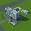 Modern Multi Story Building With Glass Windows Green Lawn And Road Surroundings