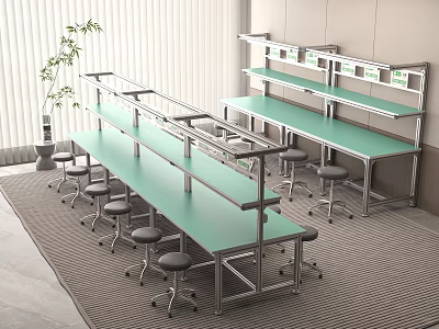 Functional Work Tables With Green Tabletop Metal Frame Shelves And Rolling Stools 3d model