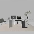 Modern Minimalist Desk Interior Design With Laptop Chair Marble Top And Green Plant Rug