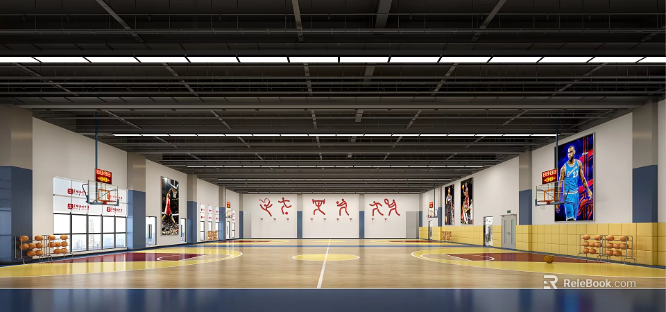 Indoor Basketball Gymnasium With Wooden Floor Court Lines Ceiling Lights And Wall Calligraphy Posters 3d model
