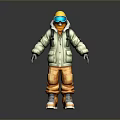 Man wearing green jacket orange pants yellow helmet goggles and backpack standing on gray background