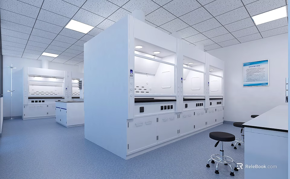Laboratory Interior With White Fume Hoods Lab Benches Blue Flooring Ceiling Lights And Wall Chart 3d model 