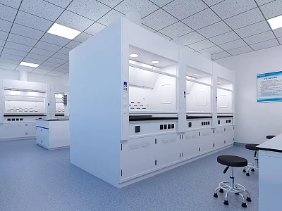 Laboratory Interior With White Fume Hoods Lab Benches Blue Flooring Ceiling Lights And Wall Chart 3d model