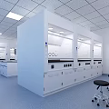 Laboratory Interior With White Fume Hoods Lab Benches Blue Flooring Ceiling Lights And Wall Chart