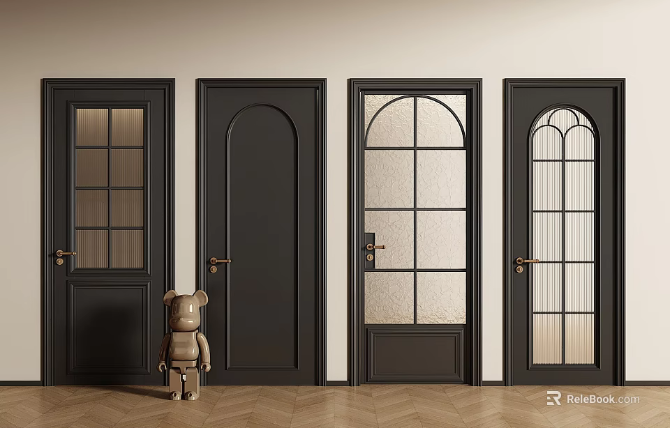 Black Hinged Doors With Various Glass Panel And Solid Wood Designs For Interior 3d model 