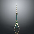 Modern Tower Structure With Tall Antenna Green Section And Triangular Base Support 3d model