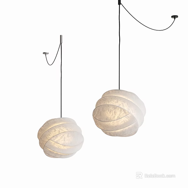 Two White Spherical Pleated Pendant Lights Hanging Against White Background 3d model