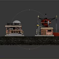 Cartoon Miniature Industrial Scene With Red Tower Brick Dome Buildings Chimneys And Tracks