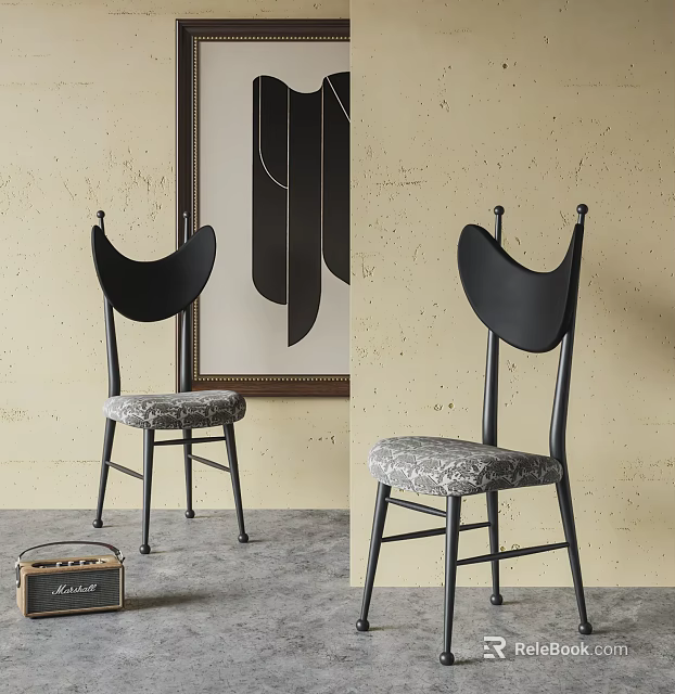 Stylish Leisure Chair With Black Curved Backrest Gray Patterned Seat And Metal Legs In Interior 3d model 