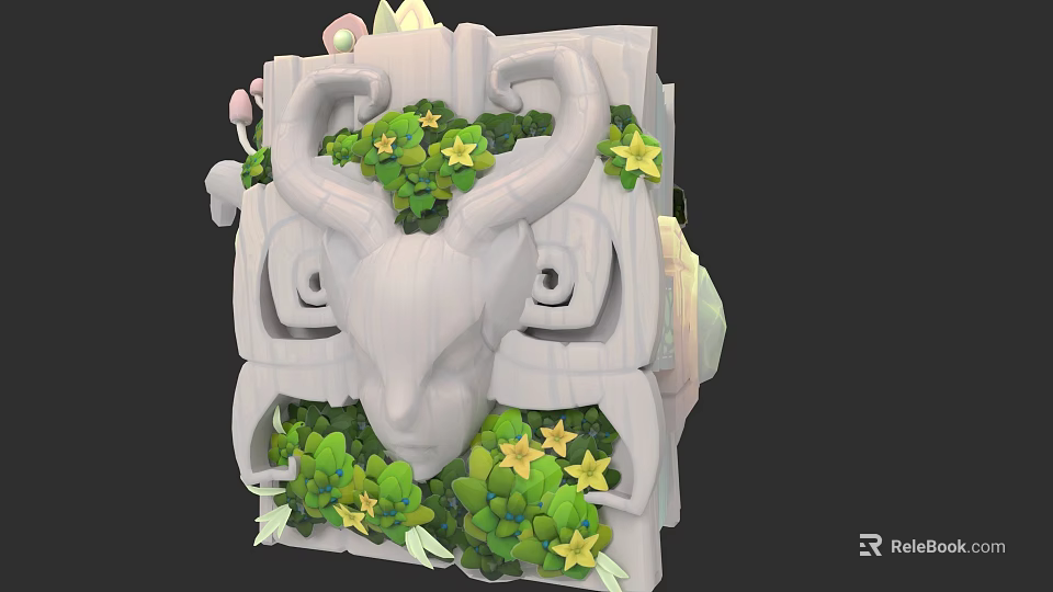 Intricate Goat Head Sculpture With Green Plants Star Decorations And Geometric Patterns 3d model 