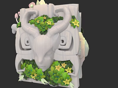 Intricate Goat Head Sculpture With Green Plants Star Decorations And Geometric Patterns 3d model