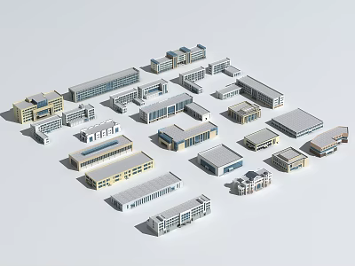 Modern Office Building Models Featuring Various Architectural Designs And Roof Styles 3d model