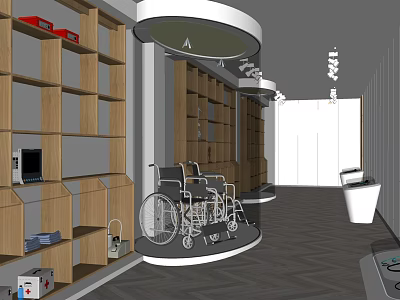 Medical Supply Display Interior With Wheelchairs Wooden Shelves And Equipment 3d model