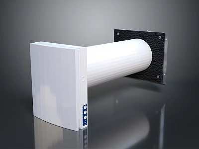 White Cylindrical Mechanical Component With Black Square Base Mounting Holes And Blue Side Logo 3d model
