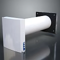 White Cylindrical Mechanical Component With Black Square Base Mounting Holes And Blue Side Logo 3d model