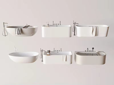 Various Stylish White Bathtubs with Modern Designs Different Shapes and Towels 3d model