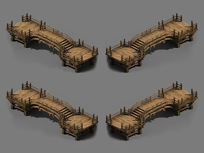 Traditional Wooden Arch Bridge With Railings And Steps Design Details 3d model