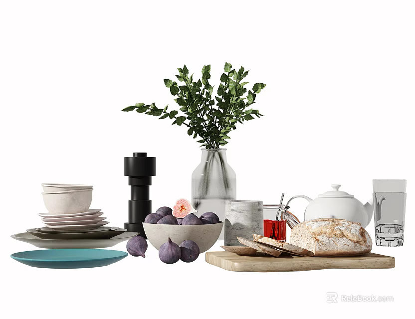 Stylish Tableware Set with Plates Mugs Teapot Greenery Vase Figs and Bread 3d model