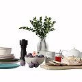 Stylish Tableware Set with Plates Mugs Teapot Greenery Vase Figs and Bread 3d model