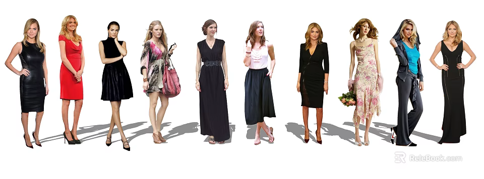 Group of Women in Various Stylish Dresses with Handbags and Accessories 3d model 