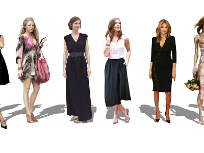 Group of Women in Various Stylish Dresses with Handbags and Accessories 3d model