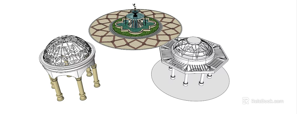 Outdoor Fountain and Gazebo Structures with Columns and Geometric Patterned Design 3d model
