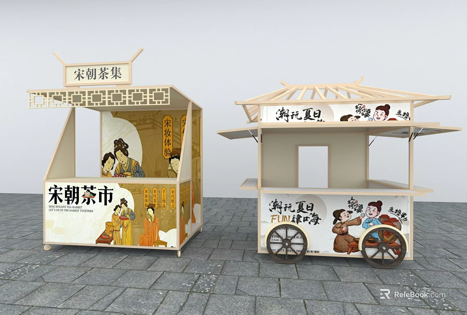 Traditional Style Commercial Market Stalls Equipment With Ancient Design And Decorations 3d model 