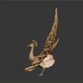 Golden Peacock Sculpture With Fanned Tail Feathers And Dark Background Reflection