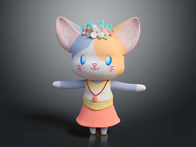 Cute Cartoon Cat Character With Flower Crown Blue Eyes Necklace Pink Dress Outstretched Hands 3d model