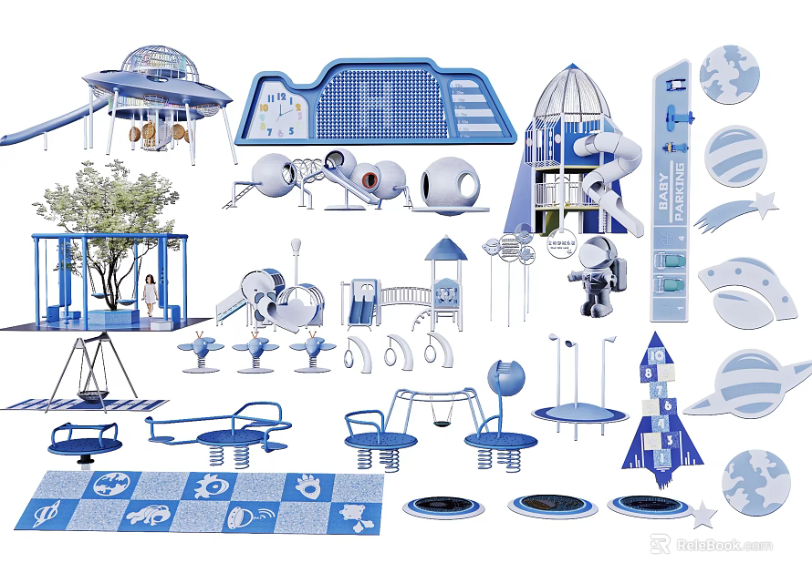 Kids Playground Equipment With Space Theme Slide Swing Climbing Frame Rocket And Planet Design 3d model 