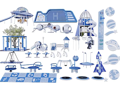 Kids Playground Equipment With Space Theme Slide Swing Climbing Frame Rocket And Planet Design 3d model