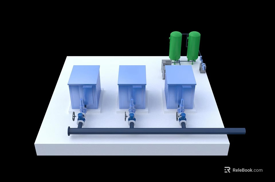 Industrial Equipment With Blue Main Units Green Cylindrical Components Piped Connections On White Platform 3d model 