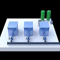 Industrial Equipment With Blue Main Units Green Cylindrical Components Piped Connections On White Platform