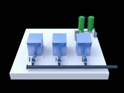 Industrial Equipment With Blue Main Units Green Cylindrical Components Piped Connections On White Platform 3d model