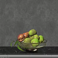 Decorative Ornament Set Featuring Clear Bowl Holding Green Red Peaches and Leaves on Black Marble