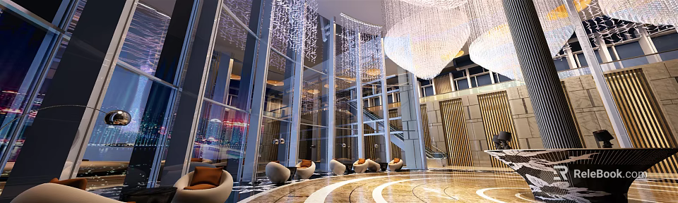 Luxury Modern Hotel Lobby Interior With Crystal Chandelier Marble Floor And Curved Sofas 3d model 