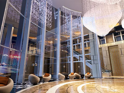 Luxury Modern Hotel Lobby Interior With Crystal Chandelier Marble Floor And Curved Sofas 3d model
