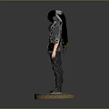 3D Character Model Standing Pose With Black Hair Gray Overalls And Yellow Warning Stripes Base