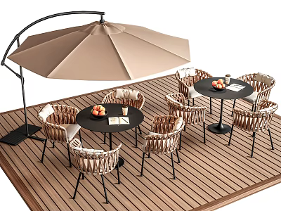 Stylish Outdoor Table with Large Umbrella Rattan Chairs on Wooden Deck 3d model