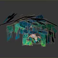 Game Movie Character Climbing Through Blue And Green Leafy Structure Design 3d model