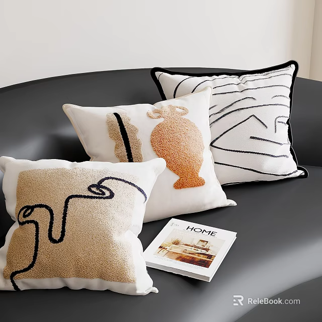 Decorative Pillows with Abstract Lines Vase Pattern Beige White on Black Sofa and Home Magazine 3d model 