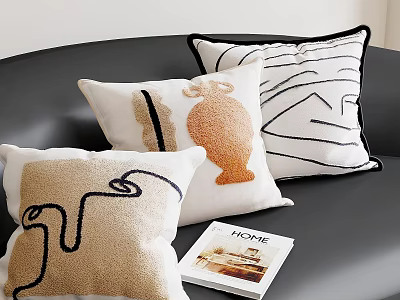 Decorative Pillows with Abstract Lines Vase Pattern Beige White on Black Sofa and Home Magazine 3d model