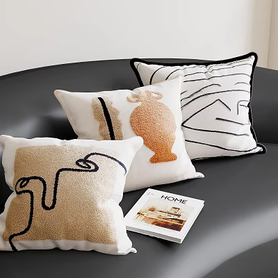 Decorative Pillows with Abstract Lines Vase Pattern Beige White on Black Sofa and Home Magazine 3d model